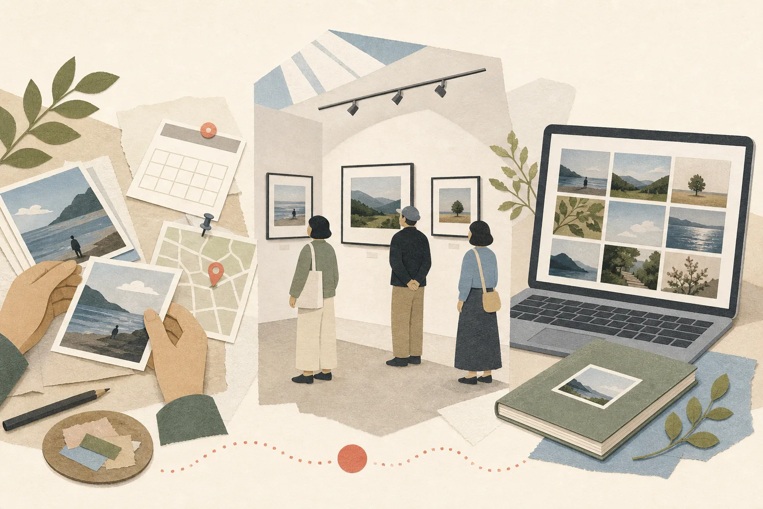 イベント開催前の準備、写真展の会場、開催後のWebアーカイブを左から並べたイラスト